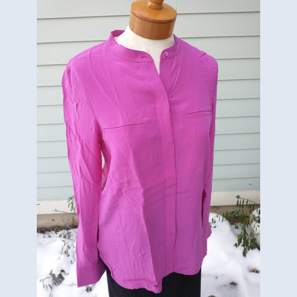 Blouse: Silk, hot pink long sleeve w/ hidden chest pockets. Size 6 - by Vince